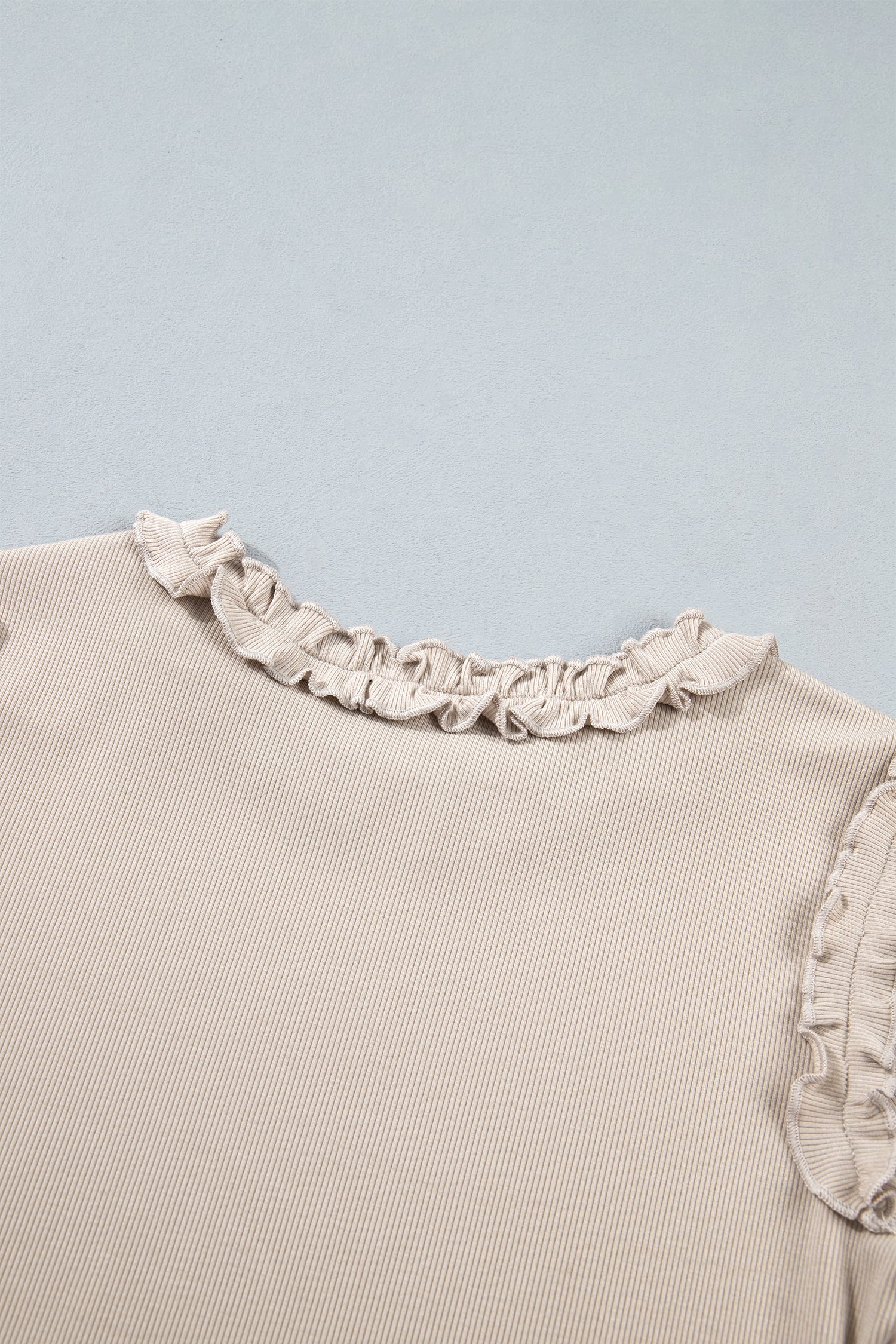Beige Solid Color Round Neck Frill Detail Long Sleeve Top