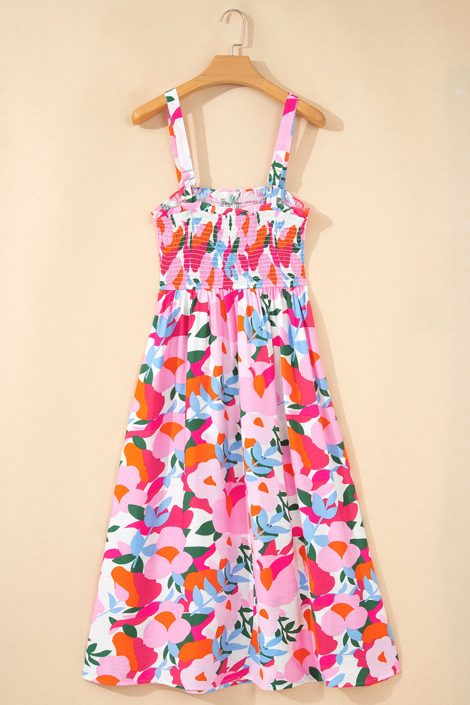 Pink Floral Print Adjustable Straps Smocked High Waist Sundress