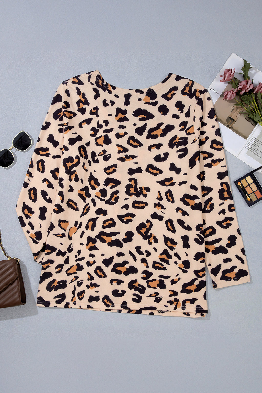 Khaki Leopard Print Long Sleeve V Neck Tunic Plus Size Cardigan