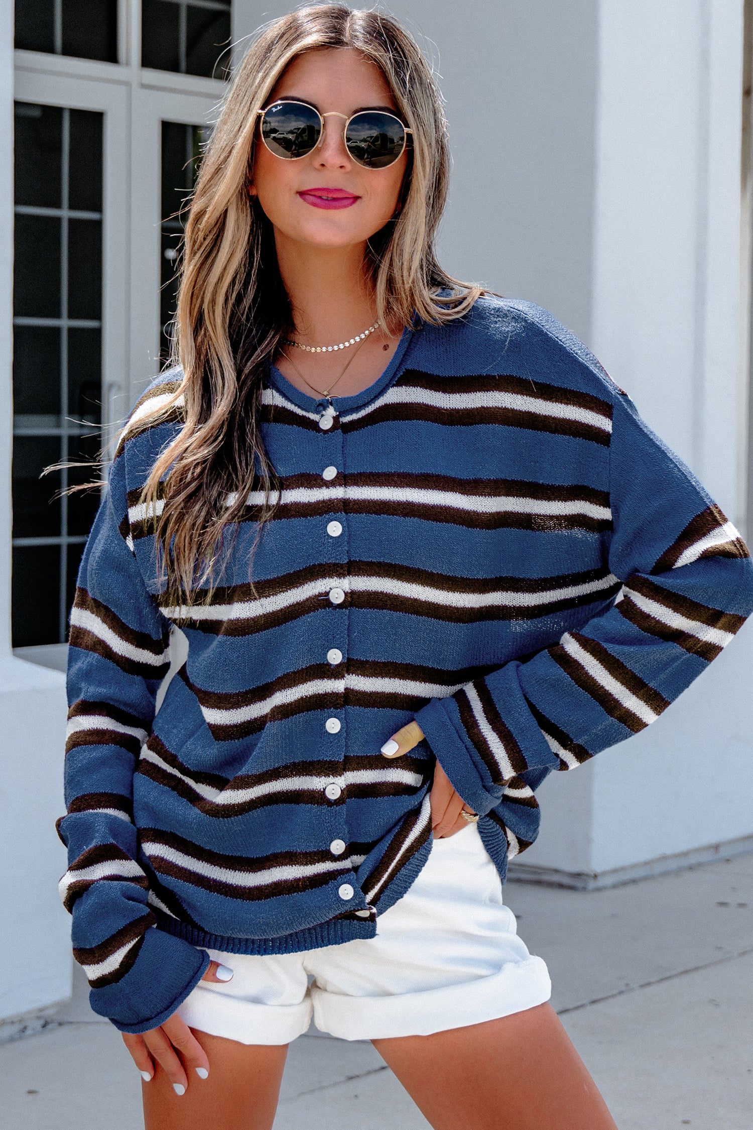 Pink Stripe Striped Drop Shoulder Button Cardigan
