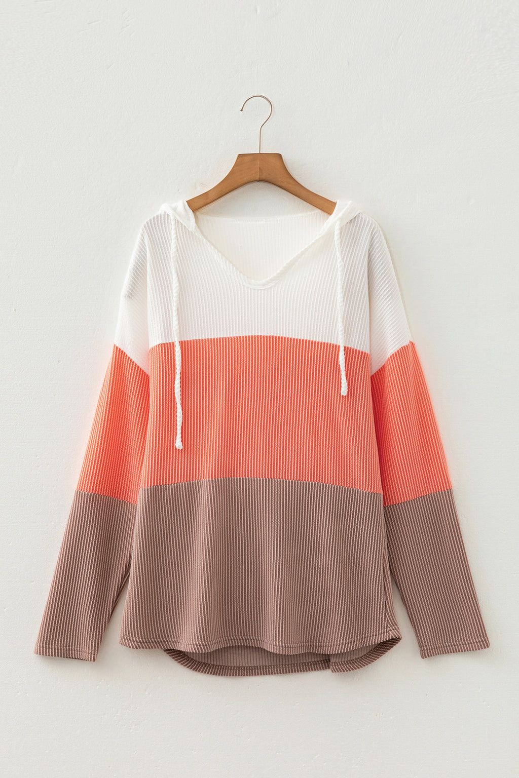 Gold Flame Ribbed Colorblock Hooded Pullover Long Sleeve Top