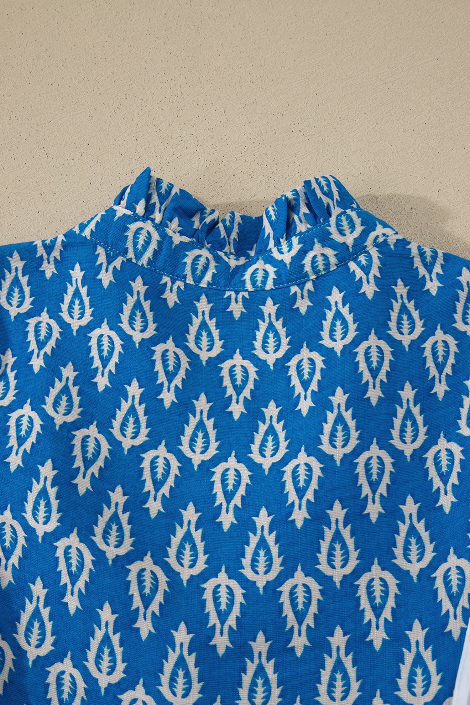 Sky Blue Boho Abstract Print Contrast Trim V Neck Tassel Tie Dress