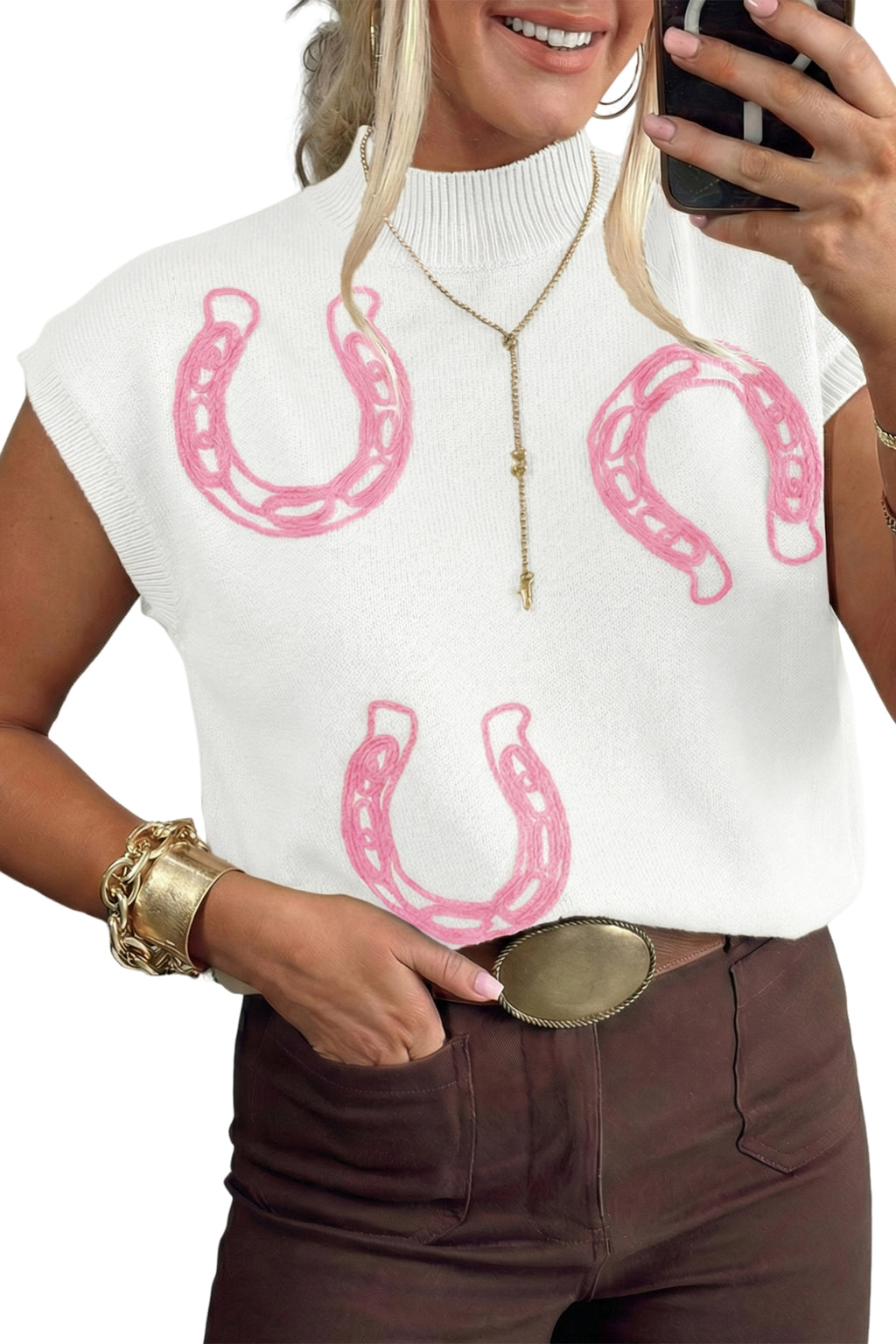 White Corded Horseshoes Sweater