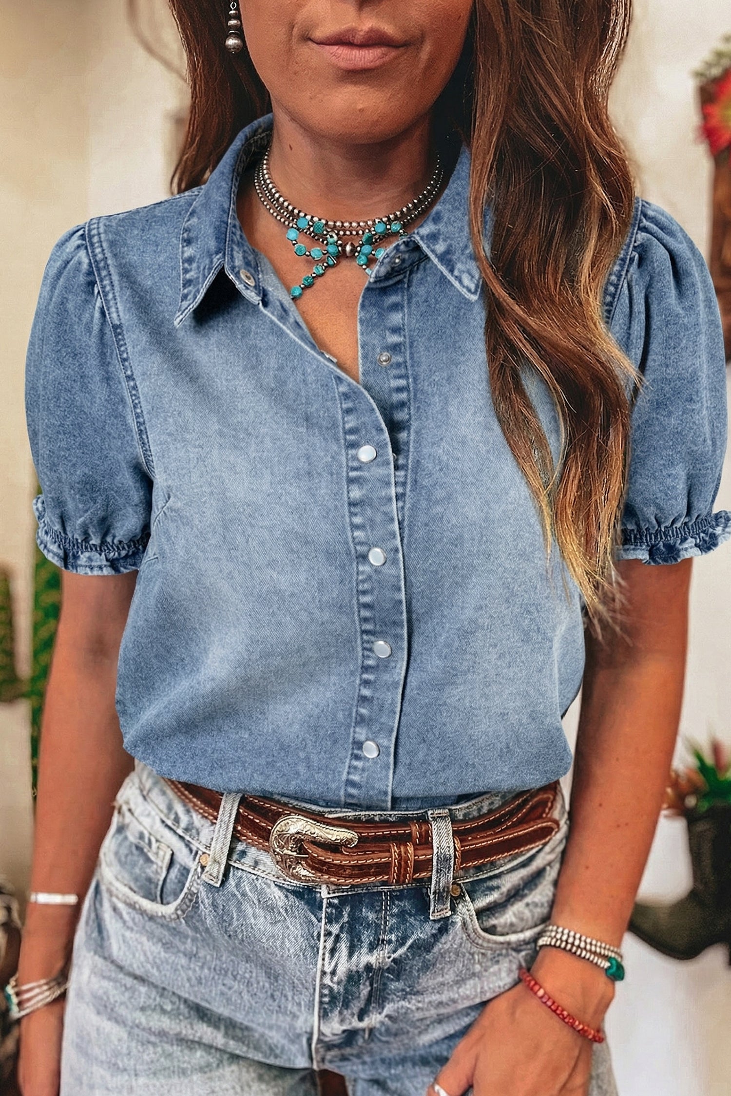 Frilled Short Sleeve Denim Shirt