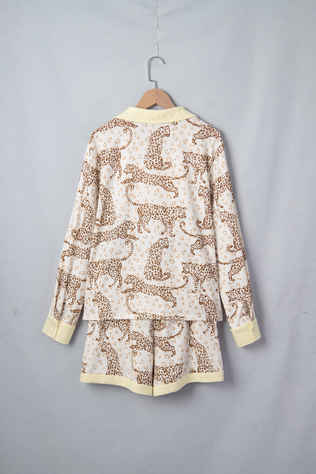 Yellow Leopard Print Colorblock Pocket Placket Long Sleeve Lounge Set