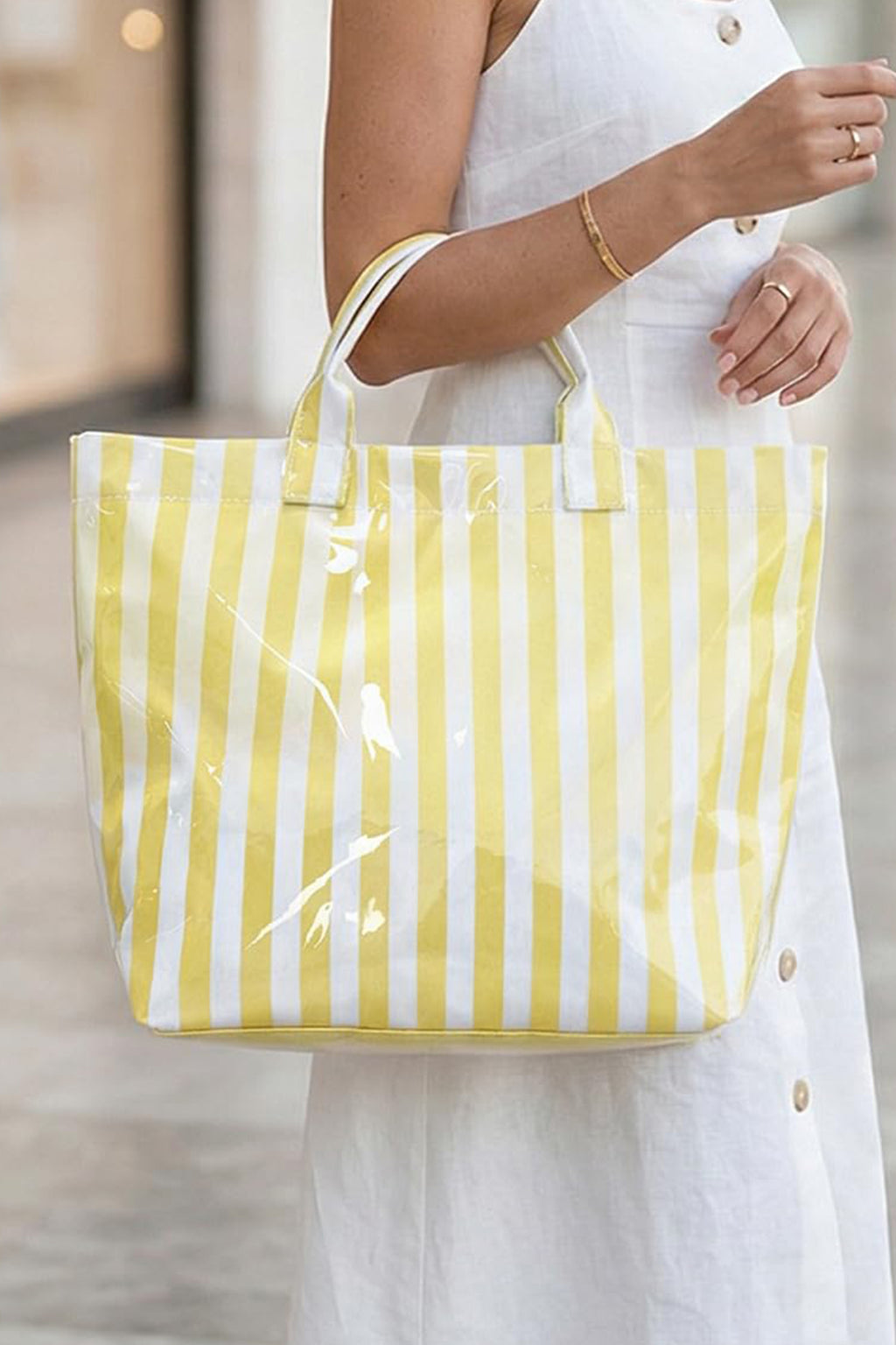 Pink Glossy Striped Vinyl Large Tote Bag