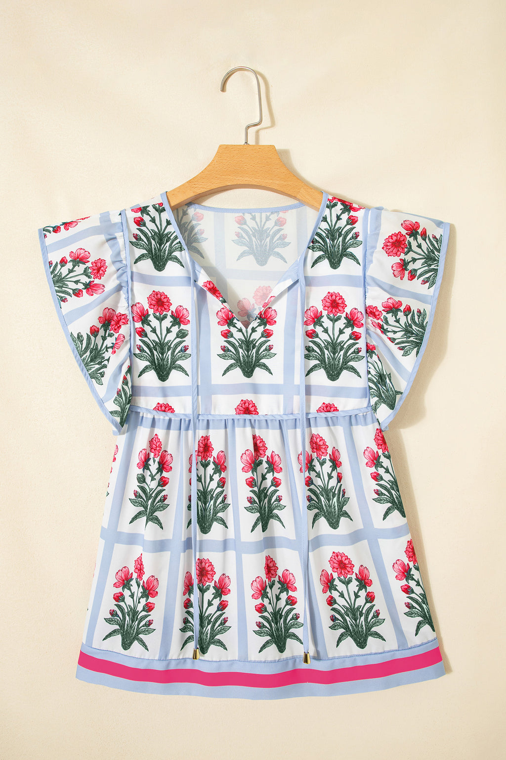 Pink Floral Flutter Sleeve Split V Neck Top