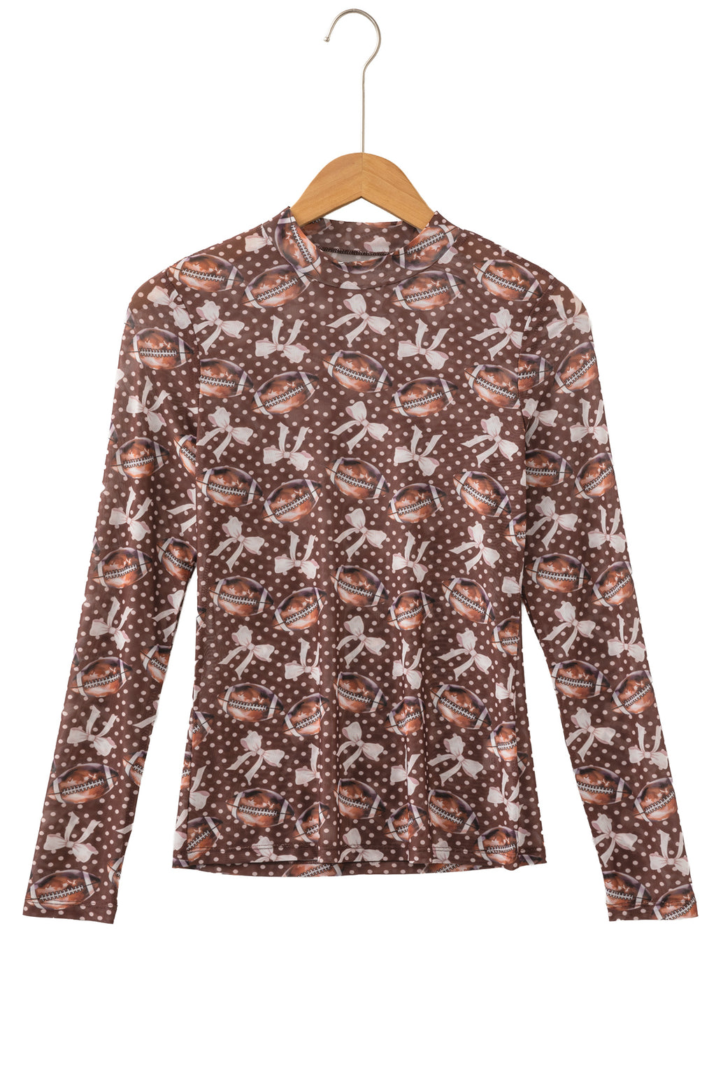 Brown Polka Dot Bow Football Print Long Sleeve Mesh Top