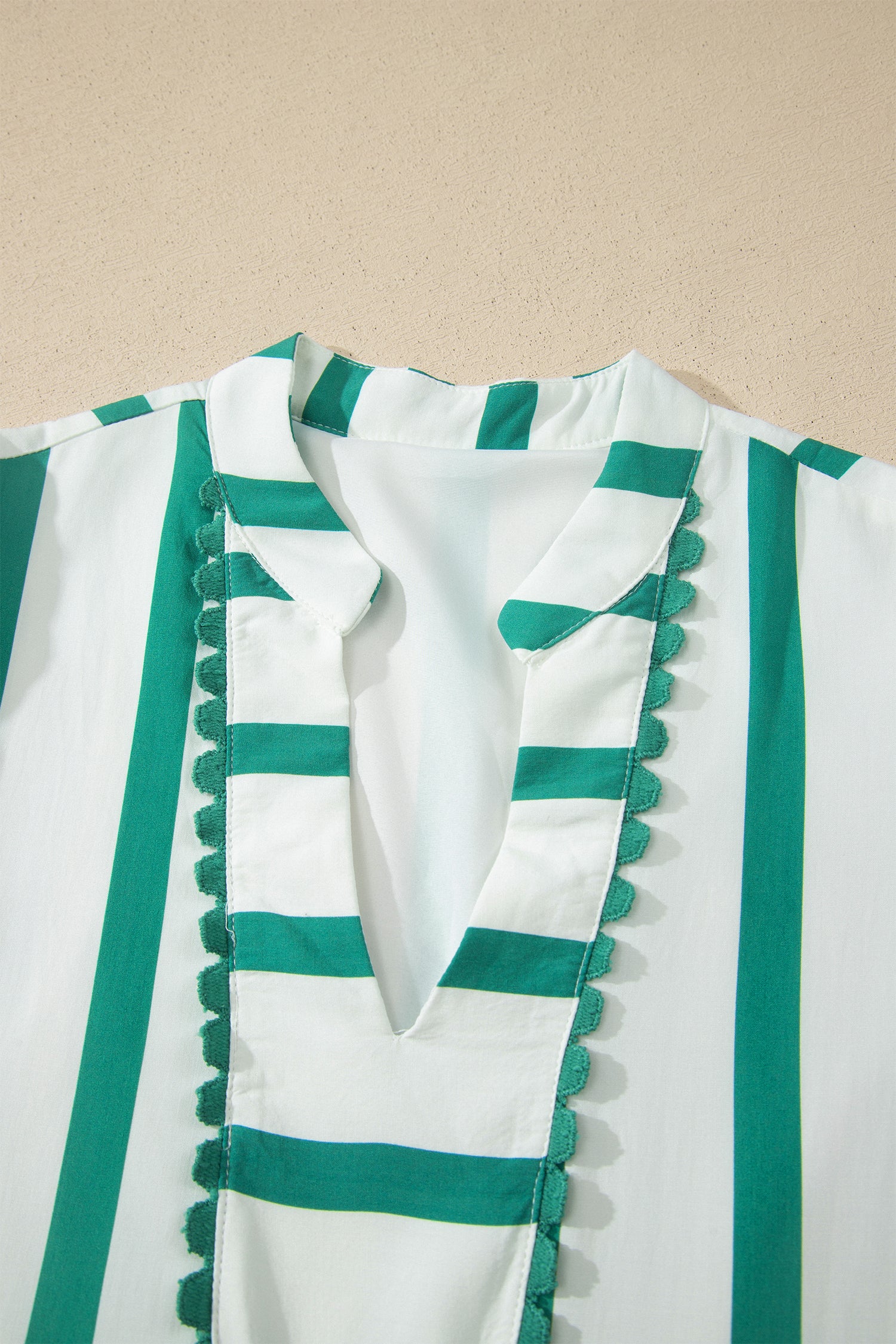Green Stripe Ricrac Trim Notched Neck Half Sleeve Vacation Dress