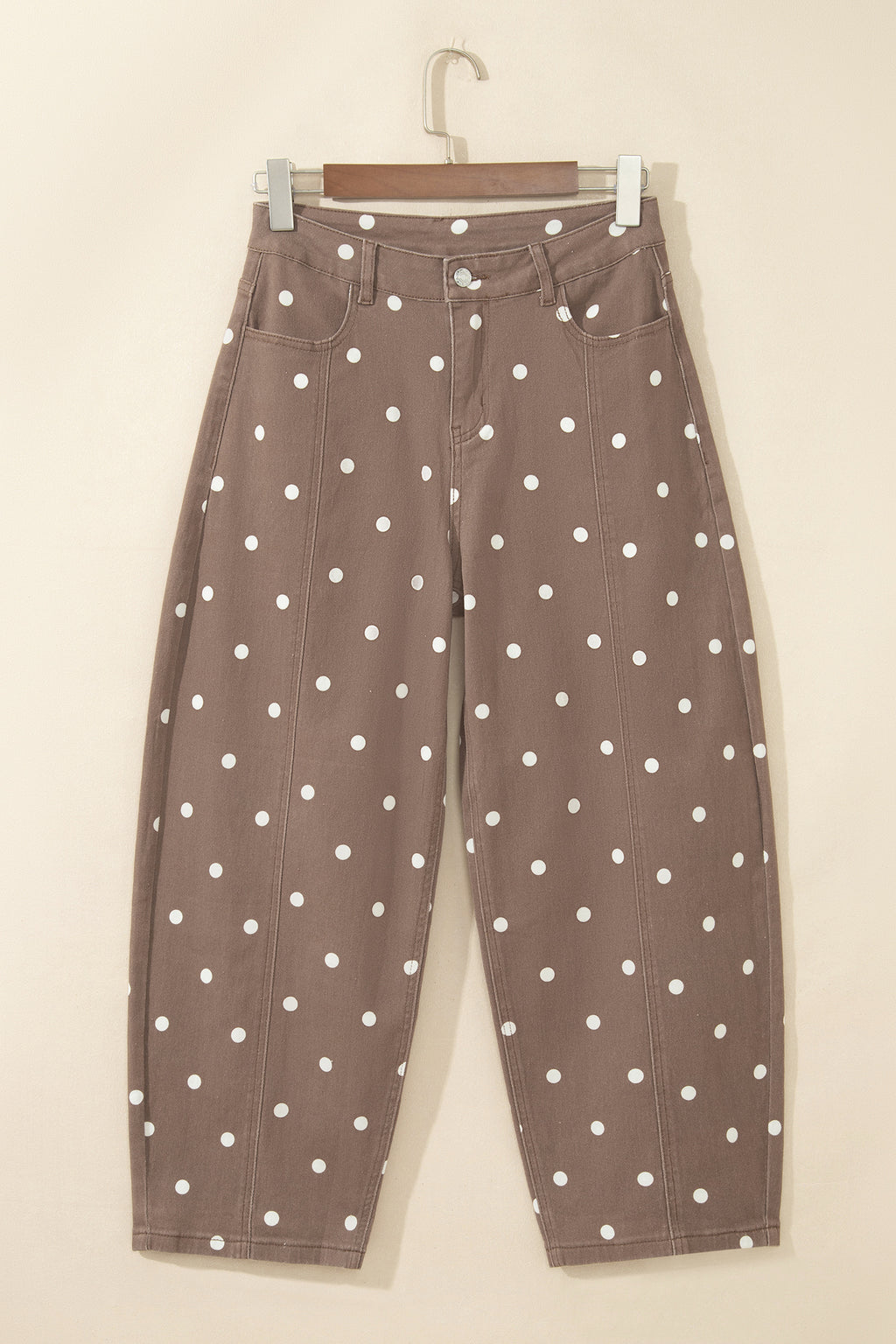 Brown Tailored Seam Polka Dot Print Barrel Casual Jeans