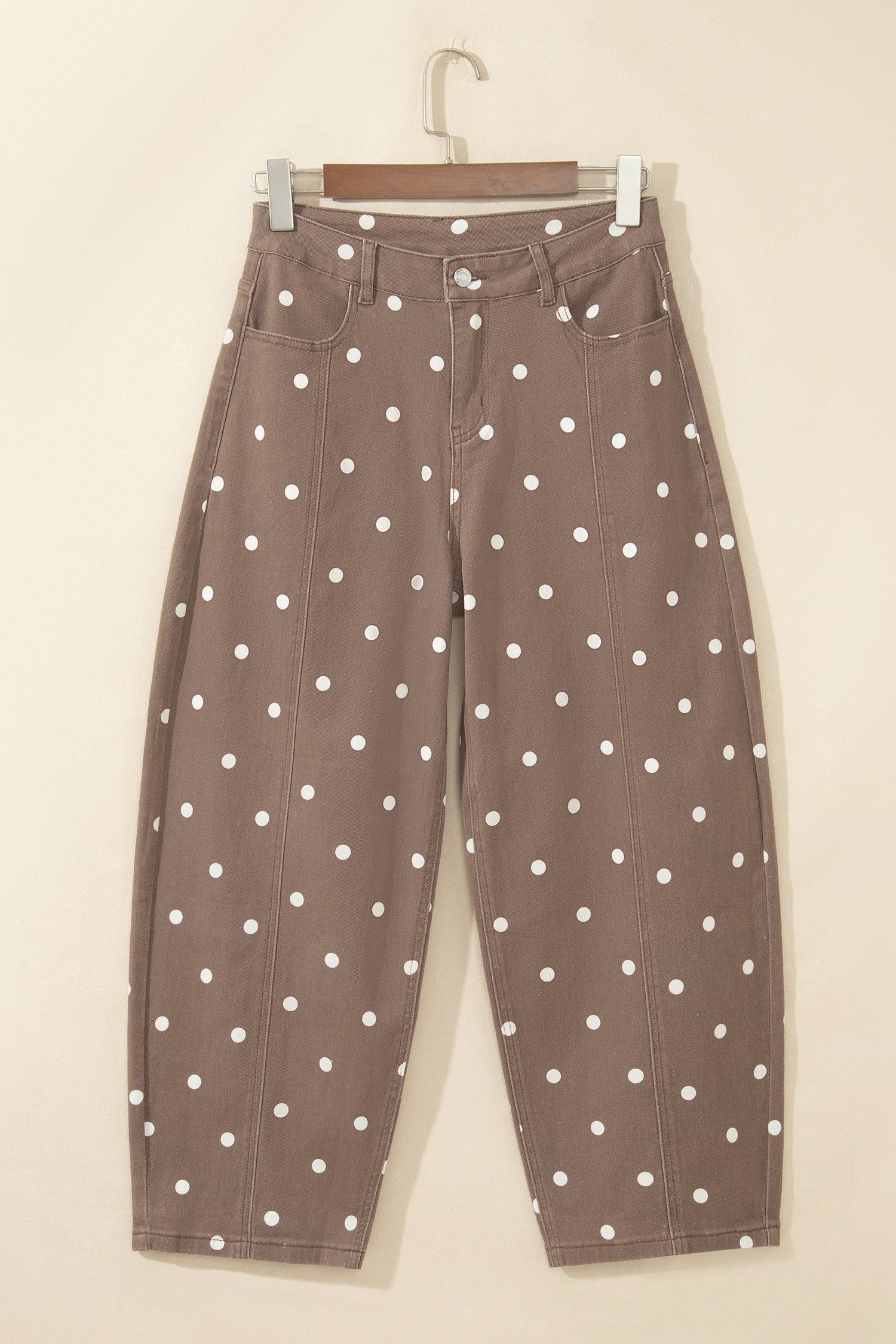 Brown Tailored Seam Polka Dot Print Barrel Casual Jeans