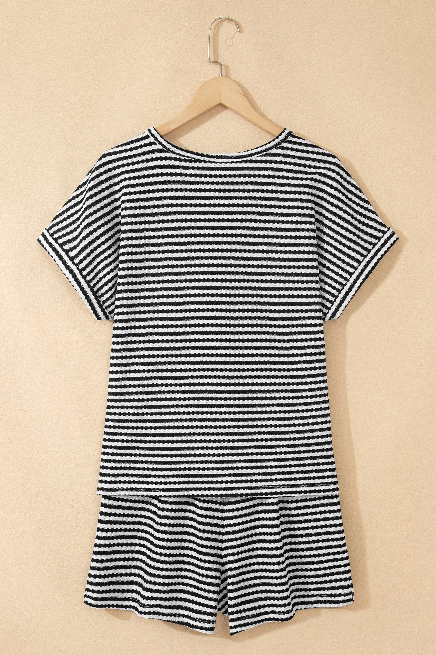 Purple Stripe Breathable Textured Knit Short 2pcs Set