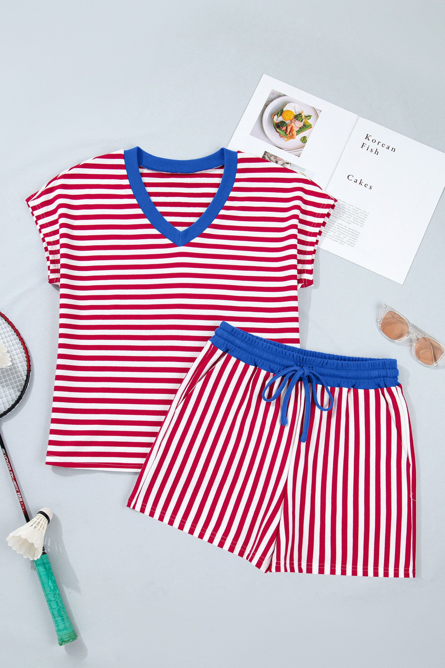 Pink Stripe Colorblock Trim V Neck Tee Drawstring Elastic Waist Short Set