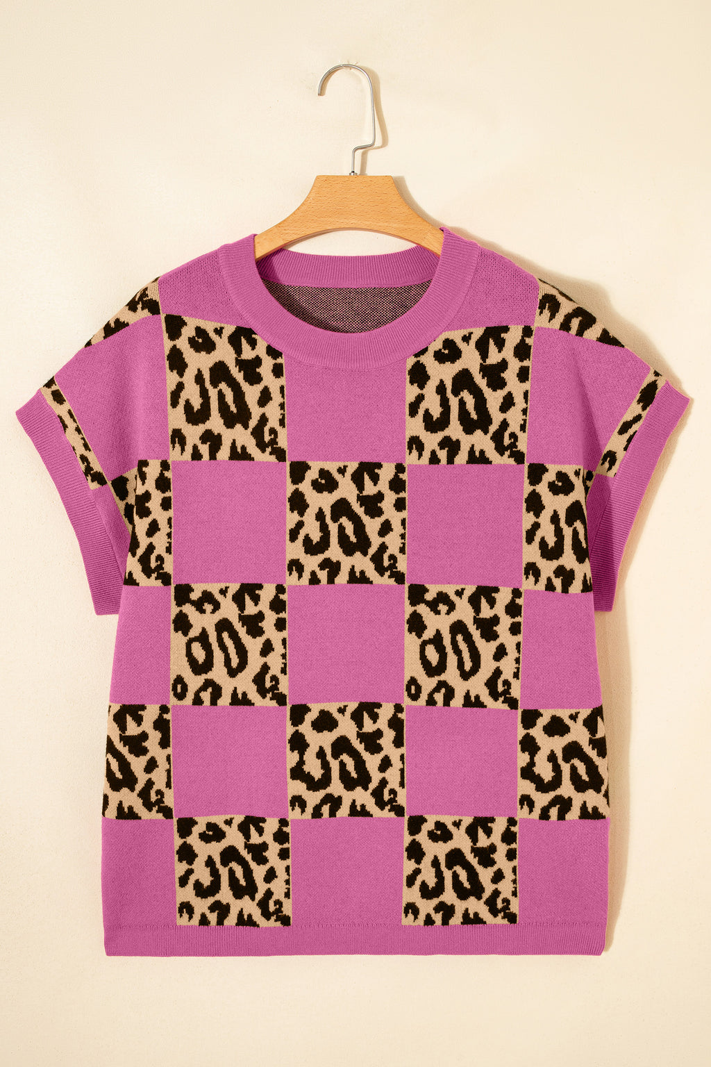 Glamourous Pink Leopard Short Sleeve Knit Sweater