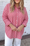 Red Plaid V Neck Long Sleeve Tunic Loose Fit Plus Size Shirt