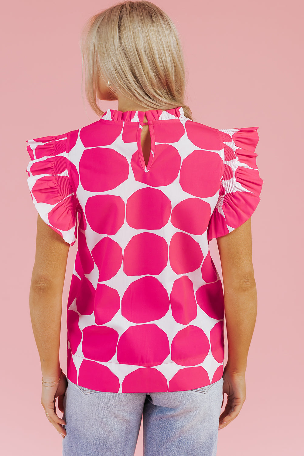 Rose Bubblegum Pattern Frilled Collar Flutter Sleeve Top