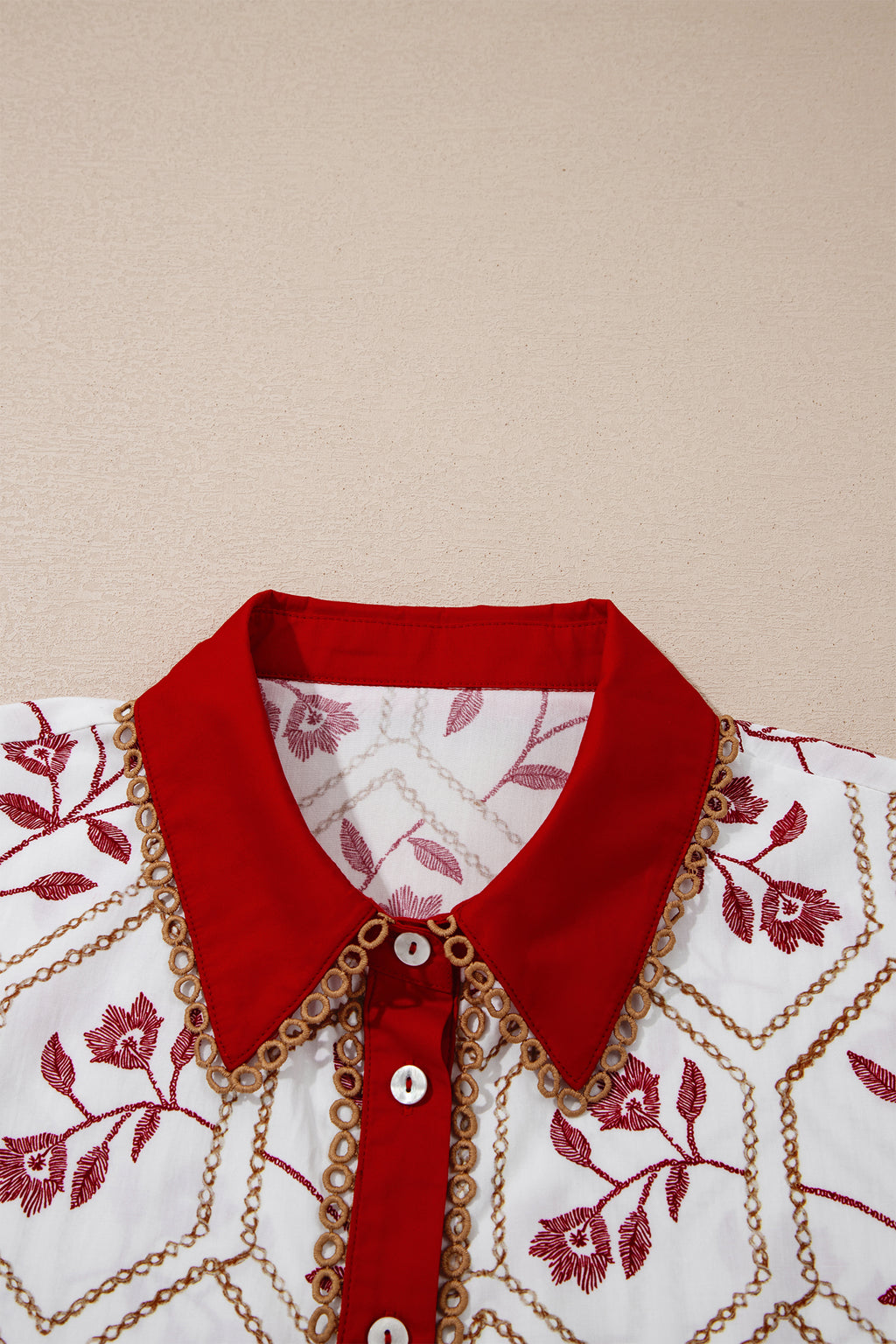 Red Geometric Floral Print Lace Trim Collared Short Sleeve Mini Dress