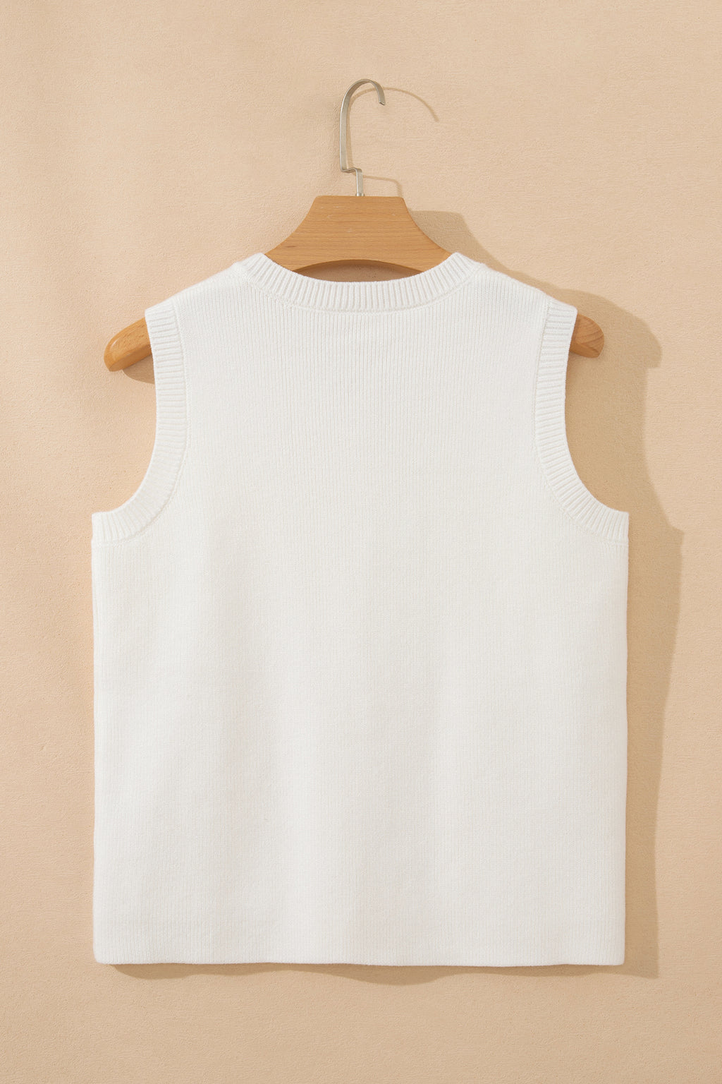 White Solid Color Sleeveless Knit Button Pocketed Sweater