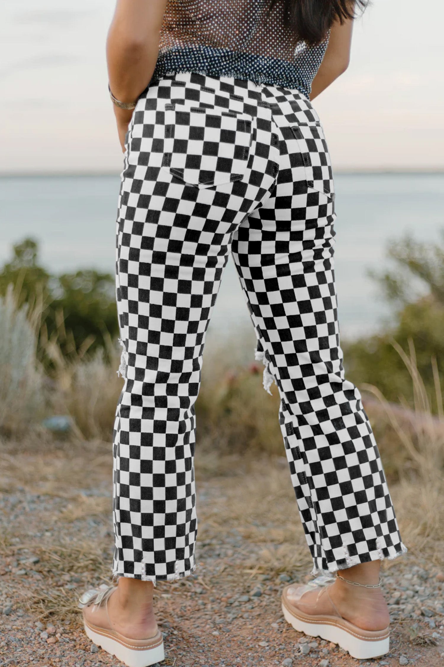 Checkerboard Distressed Cropped Jeans