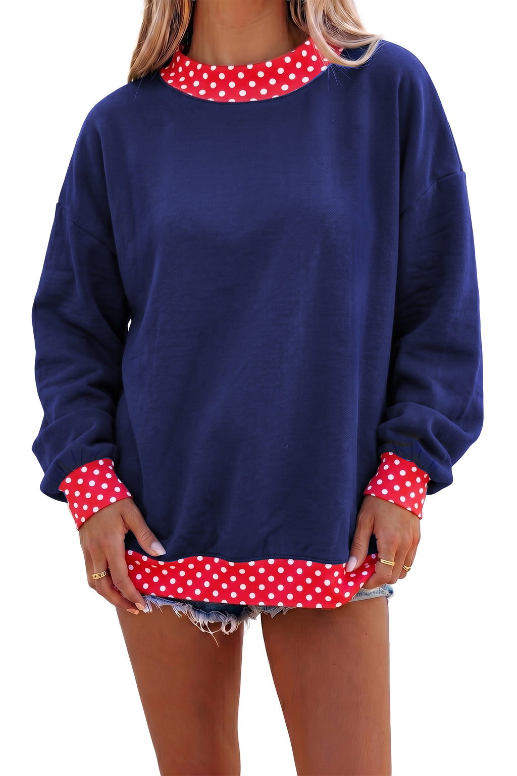 Orange Colorblock Polka Dot Contrast Trim Oversized Sweatshirt