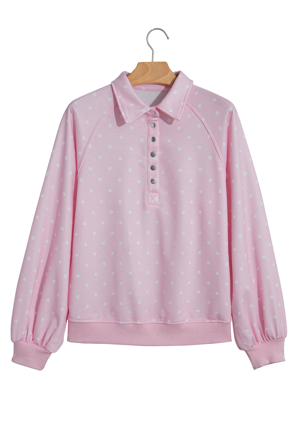 Brown Polka Dot Print Metal Button Collar Casual Pullover Sweatshirt