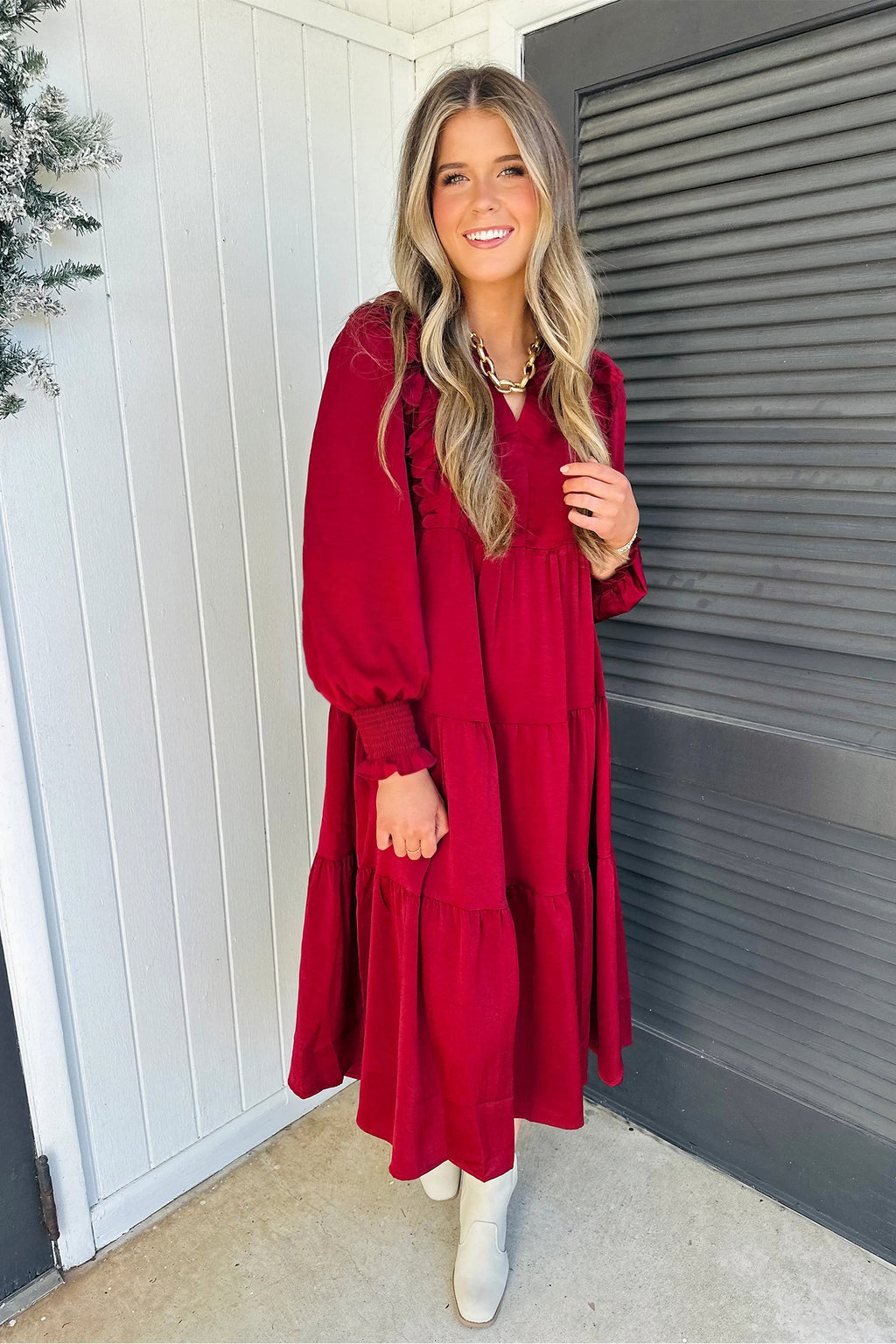 Racing Red Solid Color Ruffle Trim Long Sleeve Tiered Shift Midi Dress