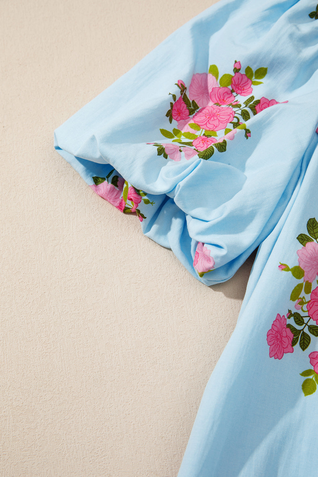Sky Blue Floral Printed Contrast Ricrac Detail Bubble Sleeve Dress