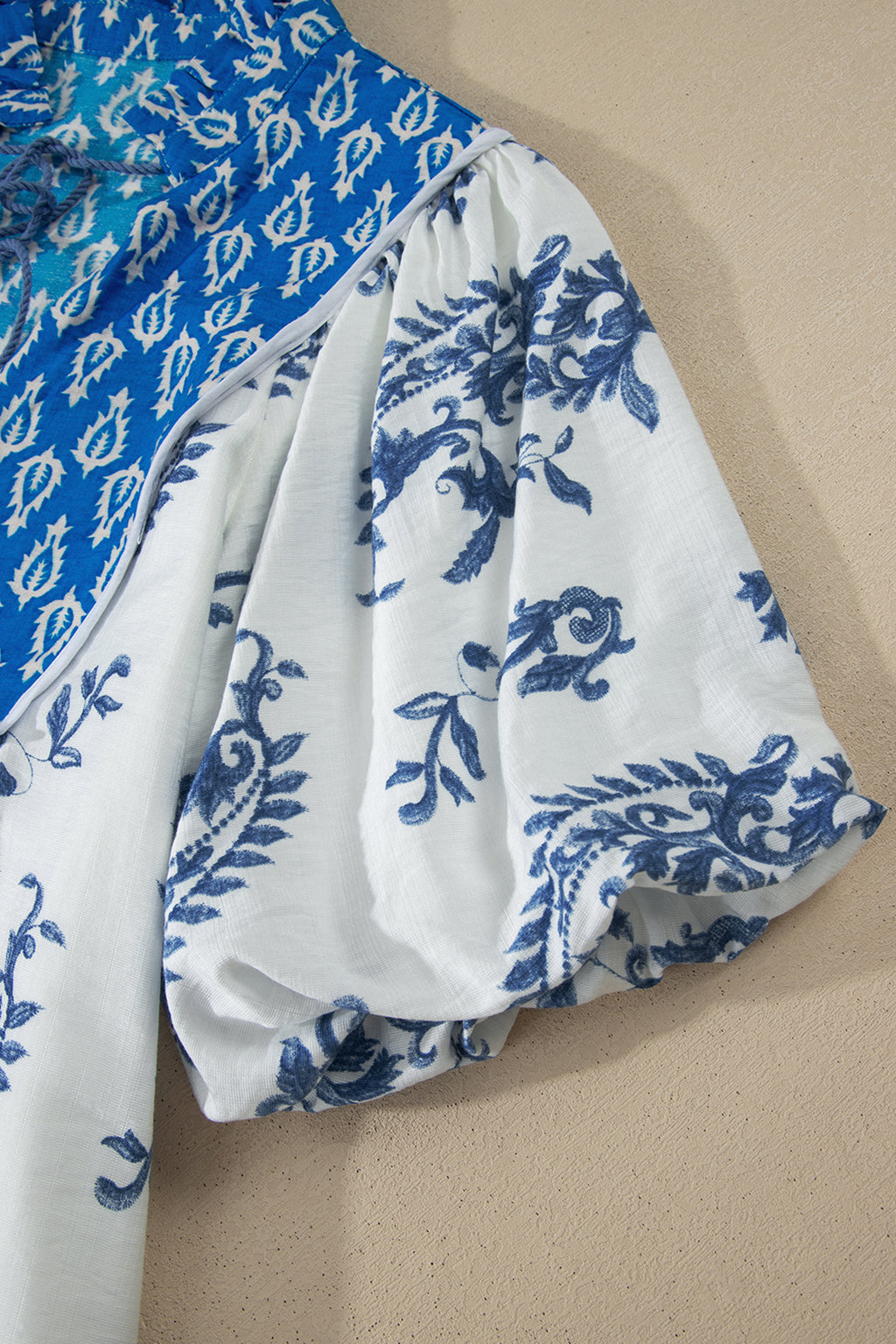 Sky Blue Boho Abstract Print Contrast Trim V Neck Tassel Tie Dress