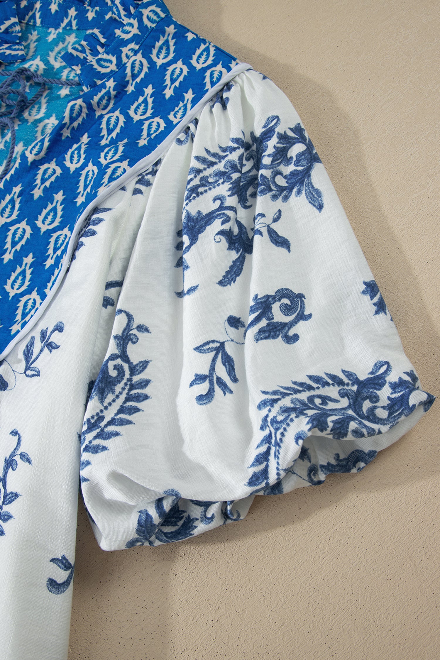 Sky Blue Boho Abstract Print Contrast Trim V Neck Tassel Tie Dress
