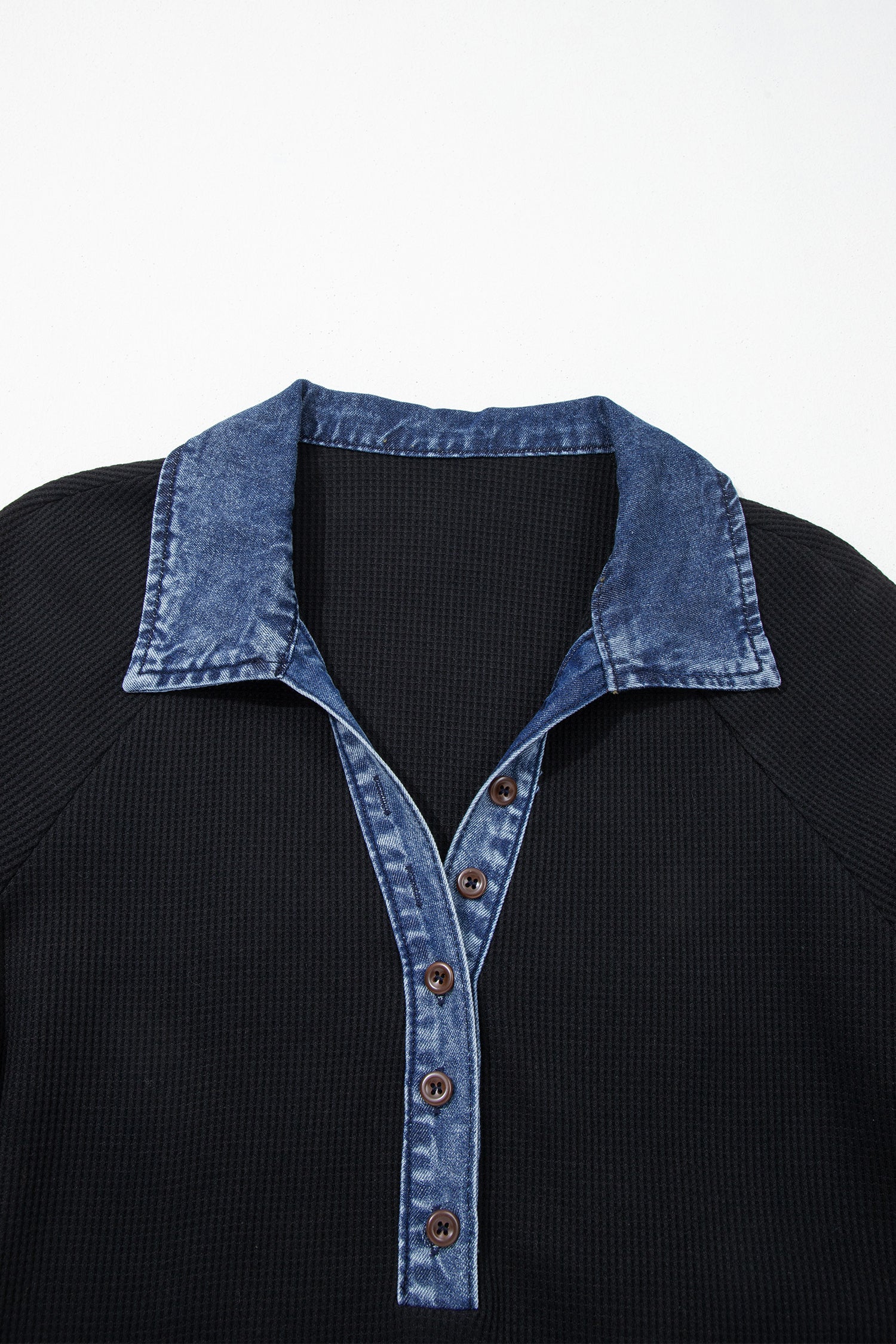 Waffle Knit Denim Polo Collar Top