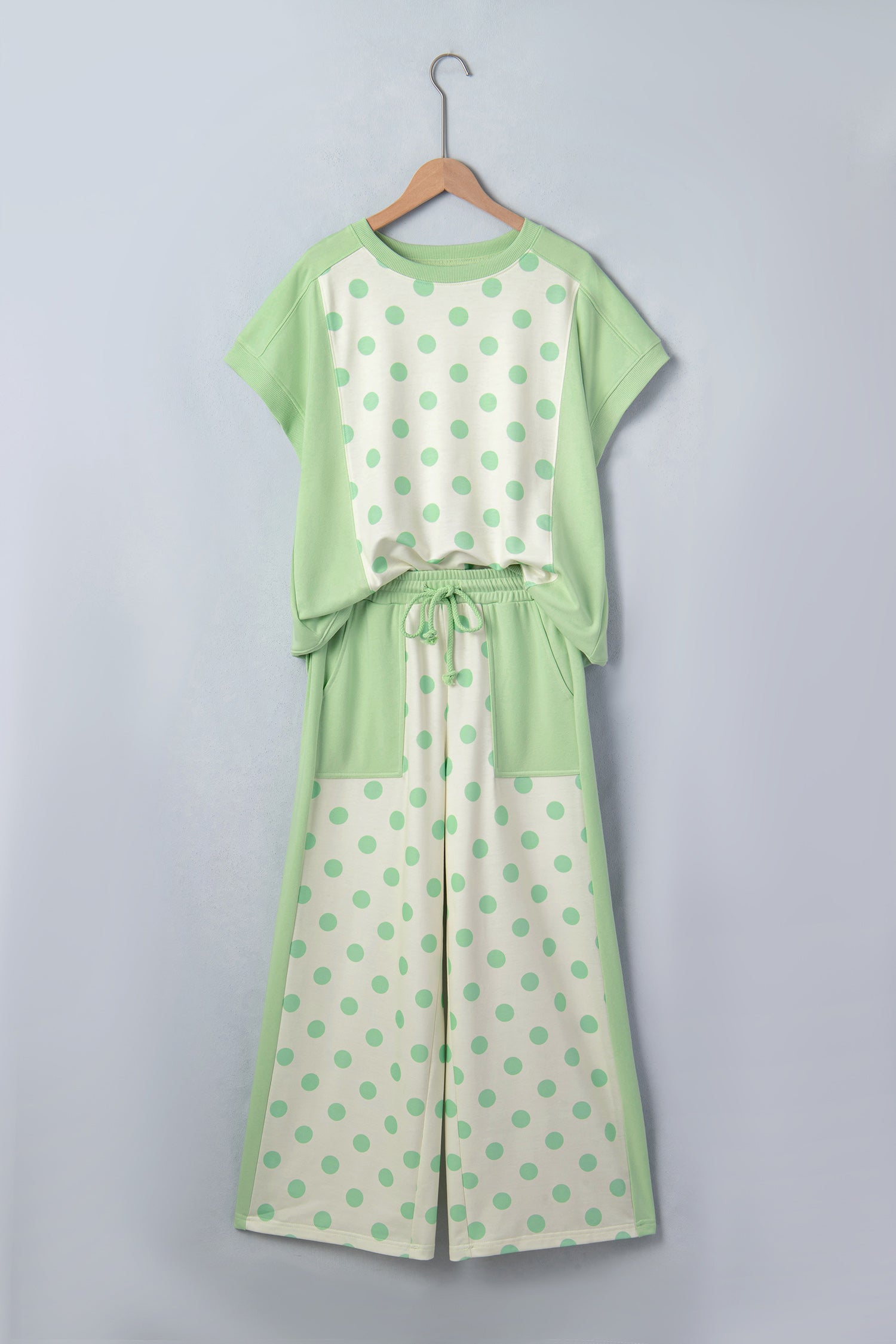 Yellow Color Block Patchwork Polka Dot Wide Leg Pant Set