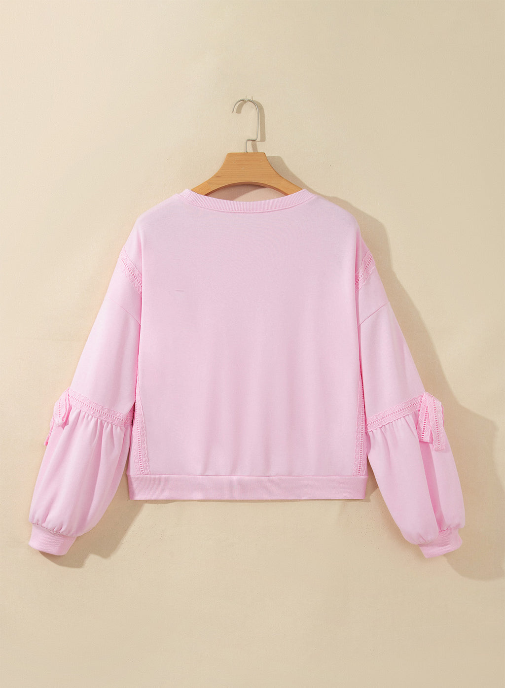Pink Solid Color Raw Seam Lace Detail Loose Casual Sweatshirt