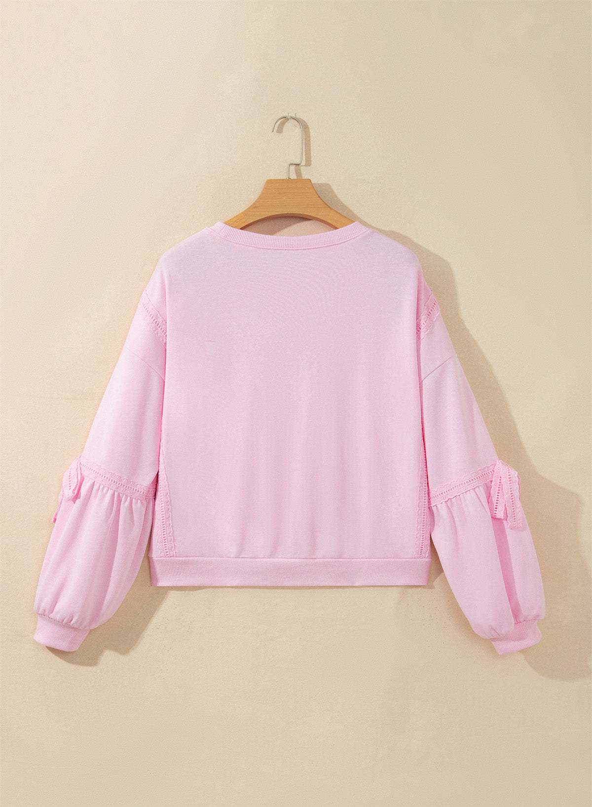 Pink Solid Color Raw Seam Lace Detail Loose Casual Sweatshirt