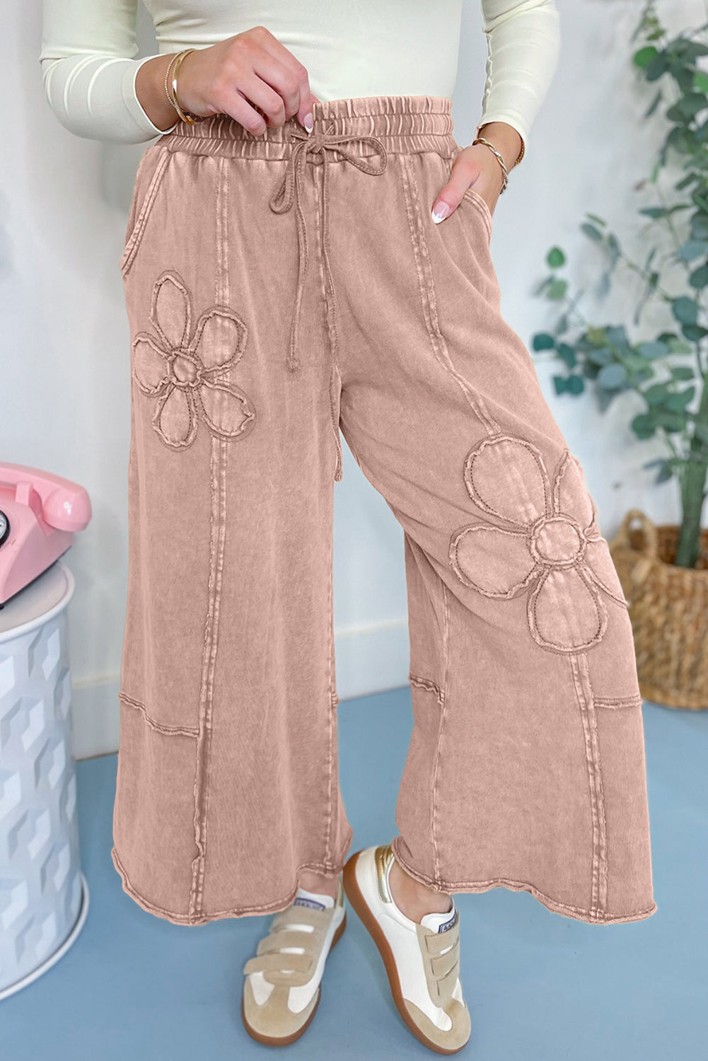 Terry Knit Cropped Wide Leg Pants