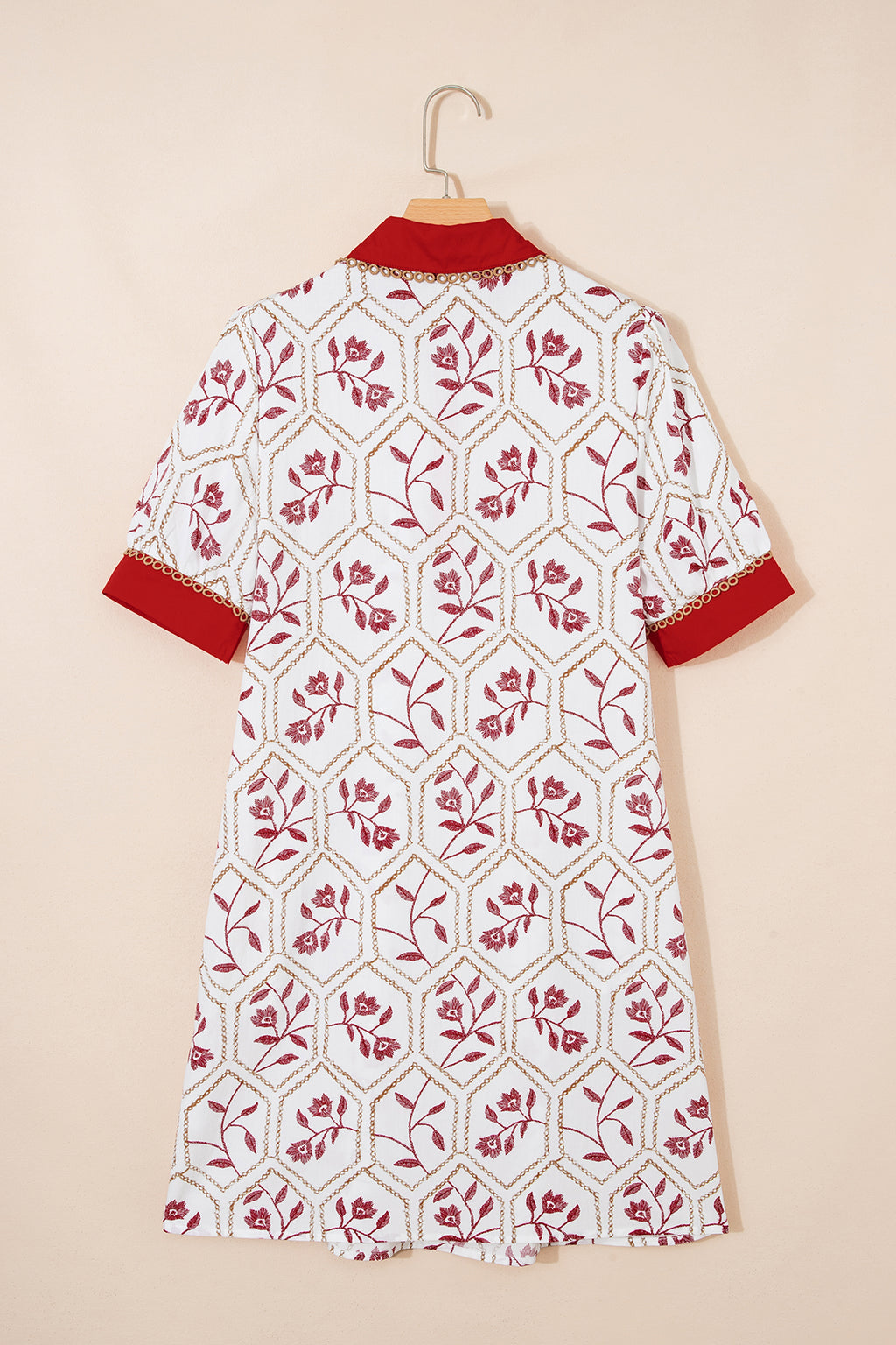 Red Geometric Floral Print Lace Trim Collared Short Sleeve Mini Dress