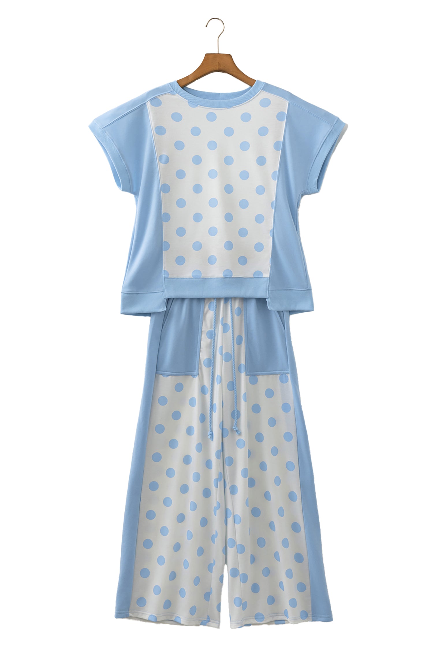 Yellow Color Block Patchwork Polka Dot Wide Leg Pant Set