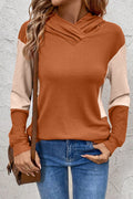 Gold Flame Contrast Color Ribbed Patchwork Crossed Pullover Neck Hoodie