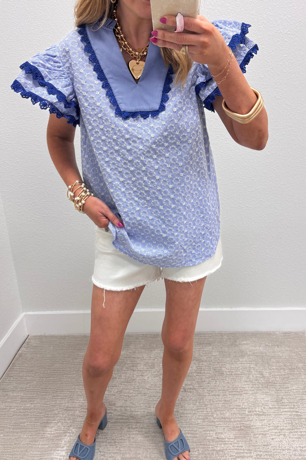 Beau Blue Flower Flutter Sleeve Blouse