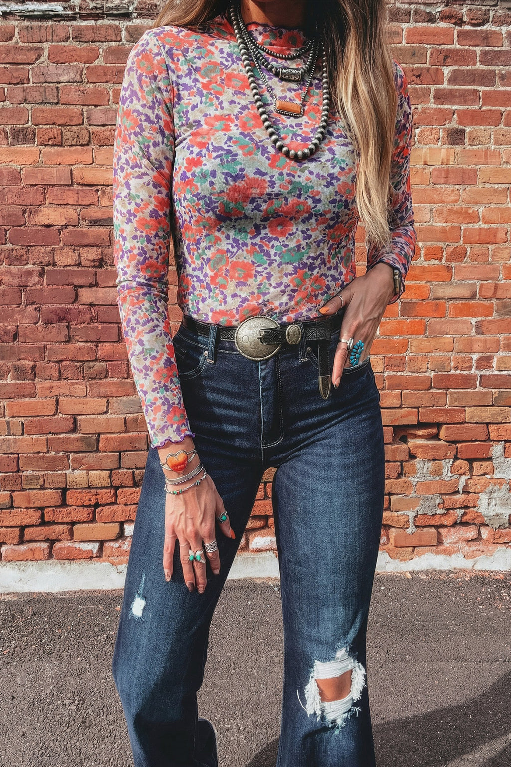 Camel Leopard Print Slim Fit Mesh Long Sleeve Mock Neck Top