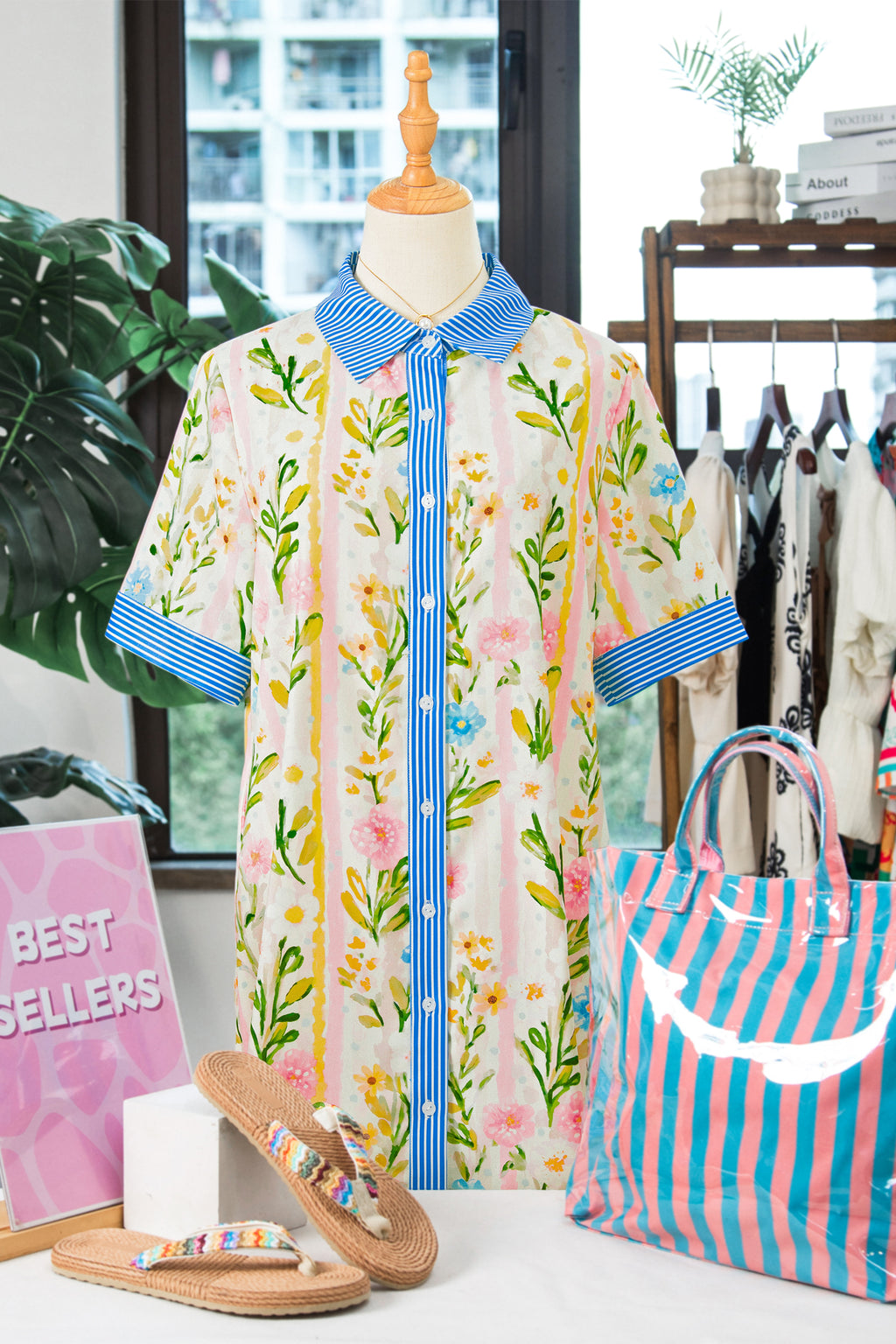 Multicolour Floral Print Striped Trim Button Down Shift Dress