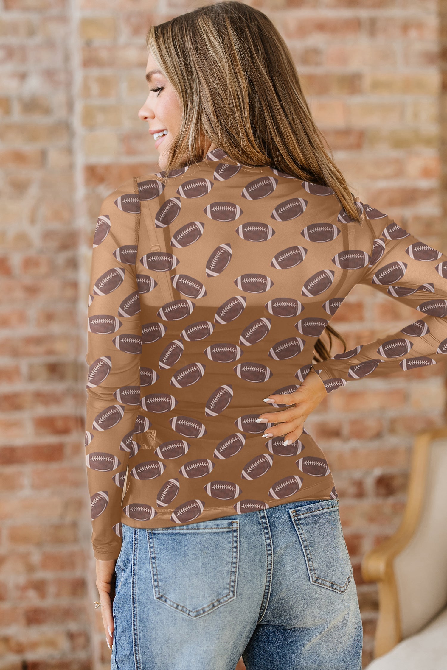 Brown Rugby Game Day Sheer Mesh Long Sleeve Top