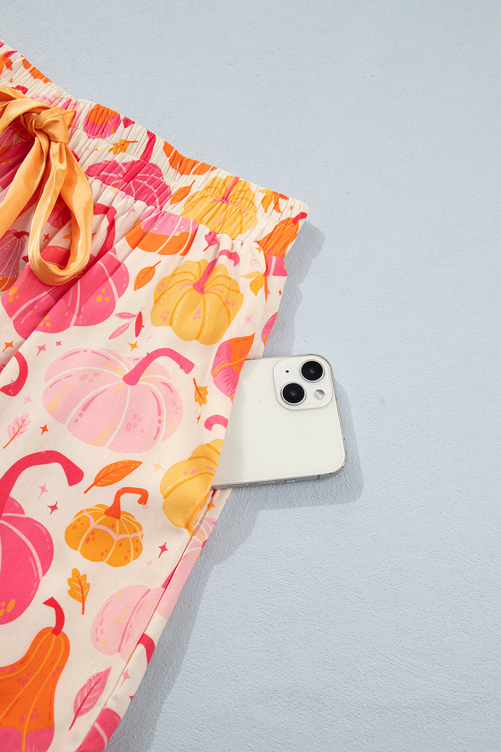 Pink Short Sleeve Pumpkin Print Pocket Placket Shell Button Lounge Set
