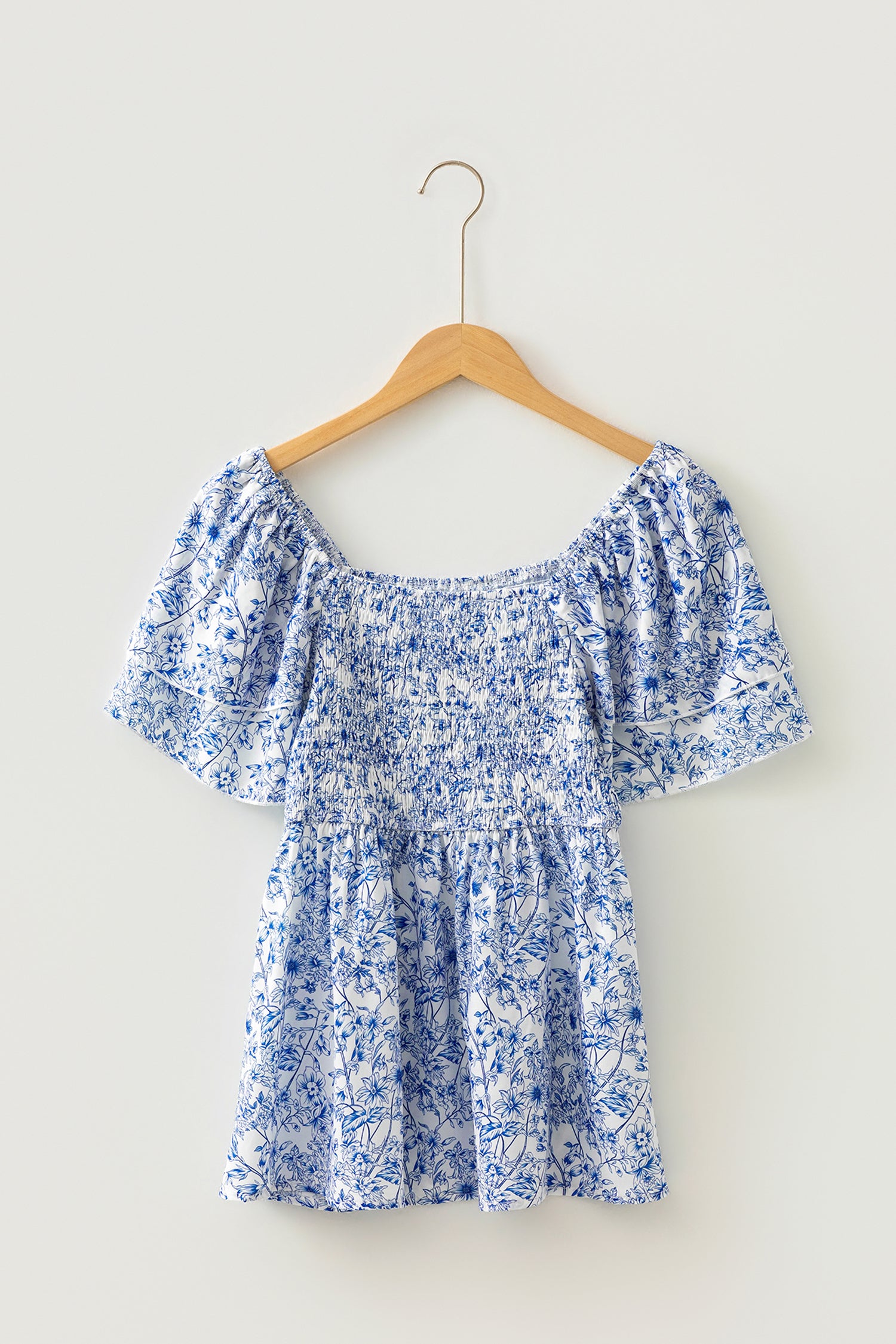 Sky Blue Floral Print Square Neck Ruffled Sleeve Shirred Babydoll Blouse