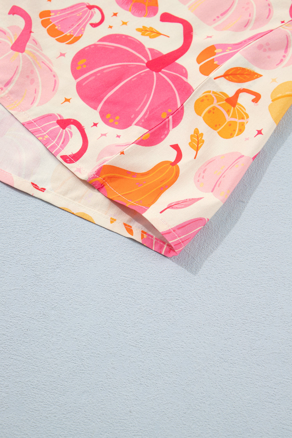 Pink Short Sleeve Pumpkin Print Pocket Placket Shell Button Lounge Set