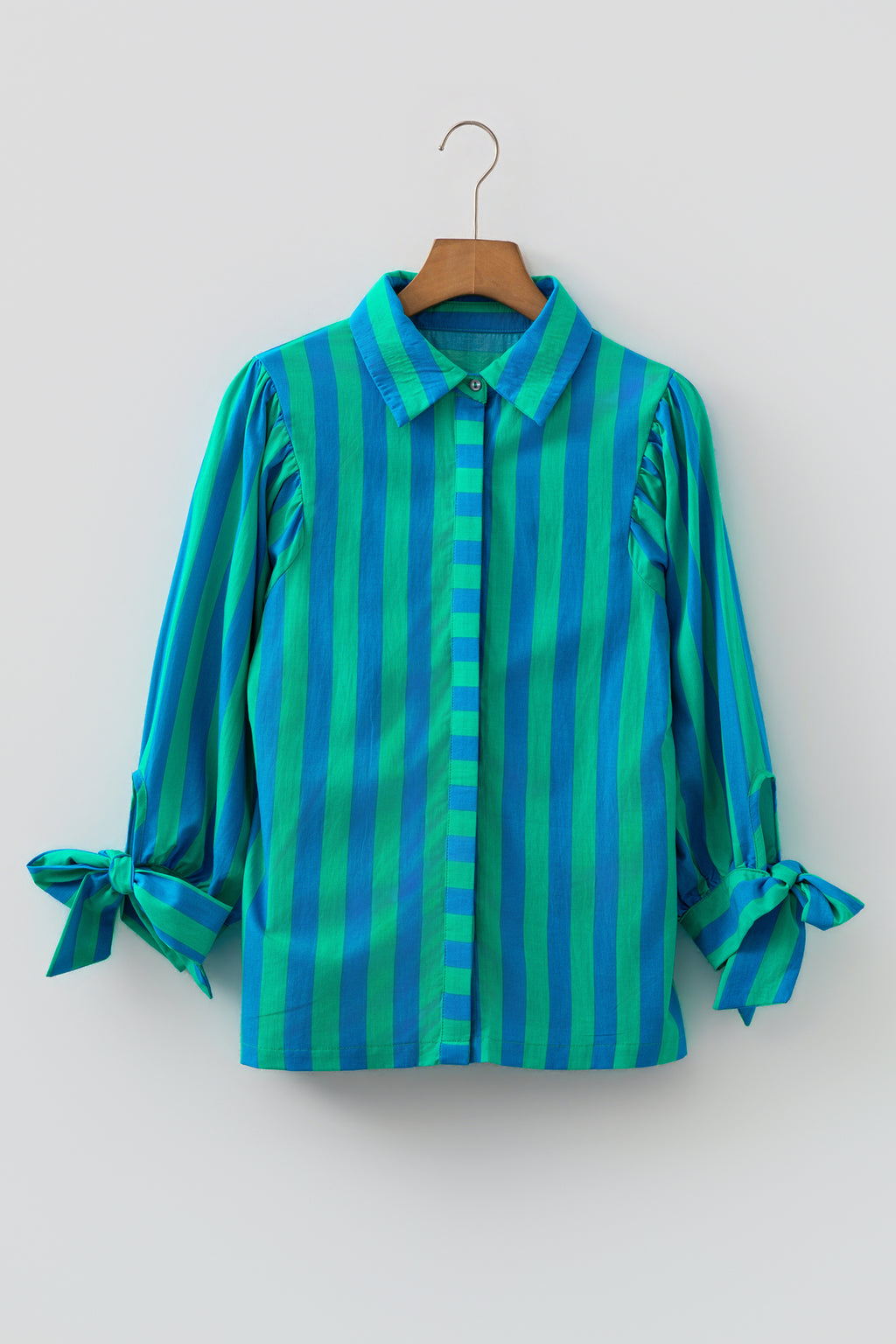 Blue Stripe Tie Puff Sleeve Womens Button Down Shirt