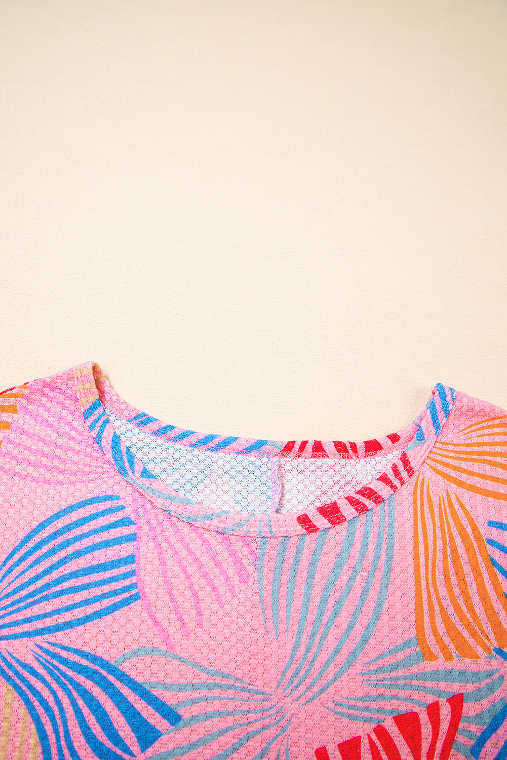 Pink Bowknot Printed Waffle Crewneck Loose Short Sleeve Top