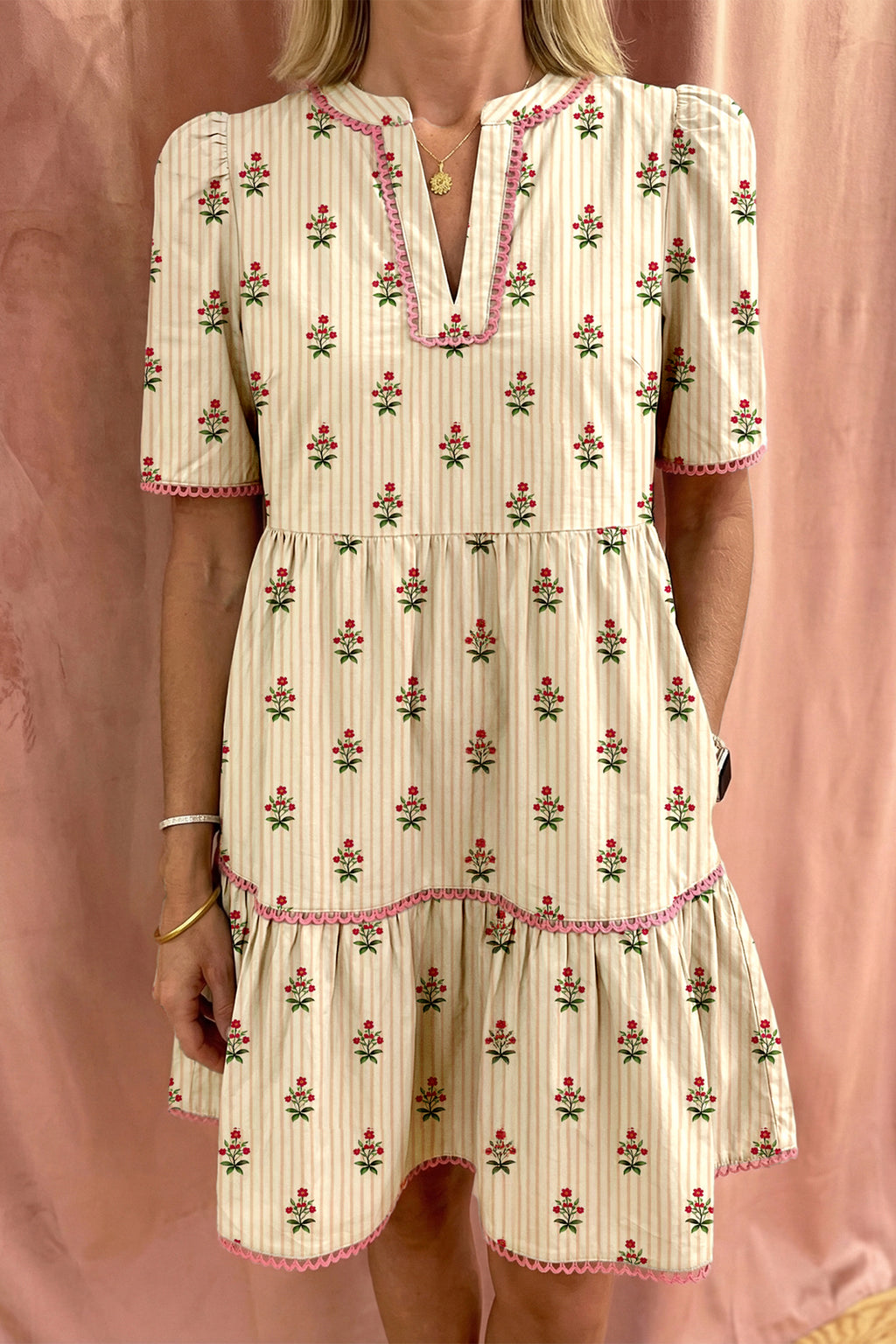 Apricot Striped Floral Short Dress