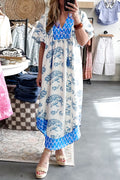 Sky Blue Plus Size Floral Print Contrast Boho Patchwork V Neck Loose Midi Dress