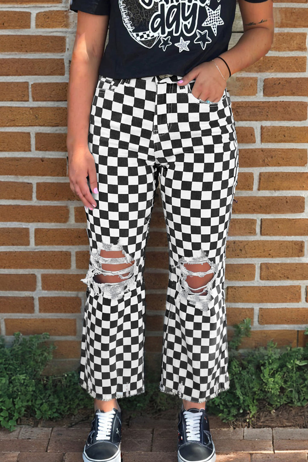 Checkerboard Distressed Cropped Jeans