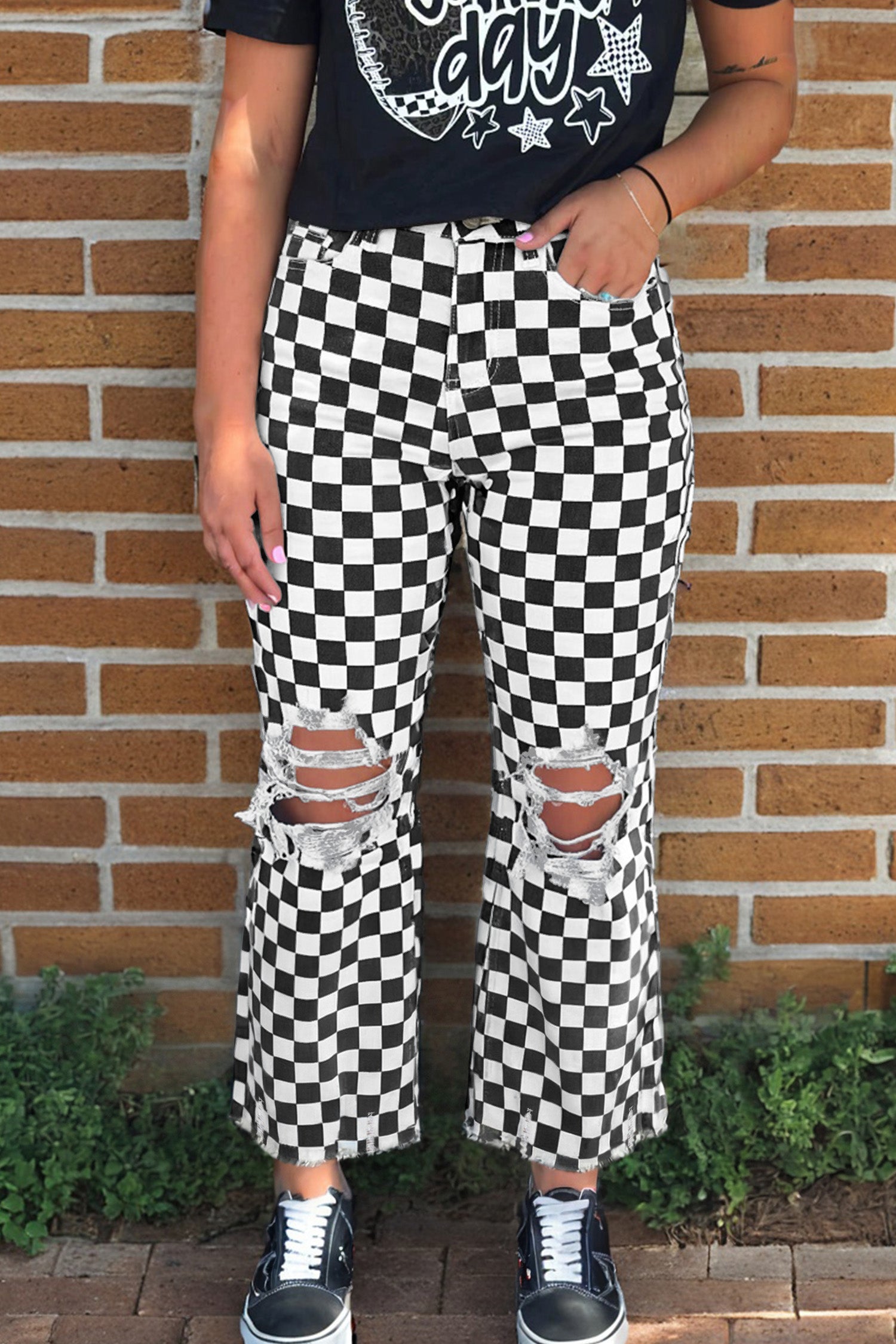 Checkerboard Distressed Cropped Jeans